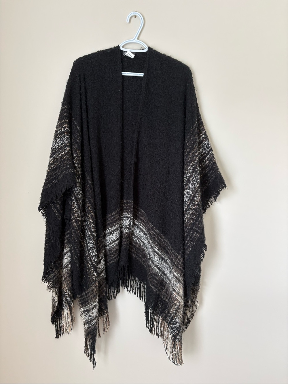 Black Fringe Knit Poncho with Neutral Stripe Detail